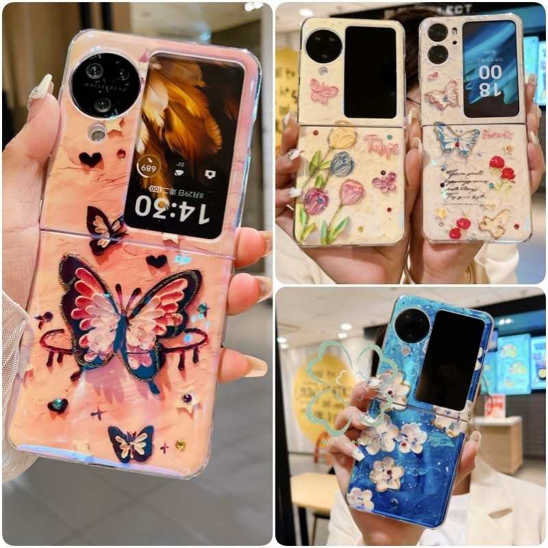 แฟชั ่ นดอกไม ้ ทาสีกรณีพลิกใส OPPO ค ้ นหา N3 N2 Flip Slim Casing Blue Light หยดกาวกันกระแทก