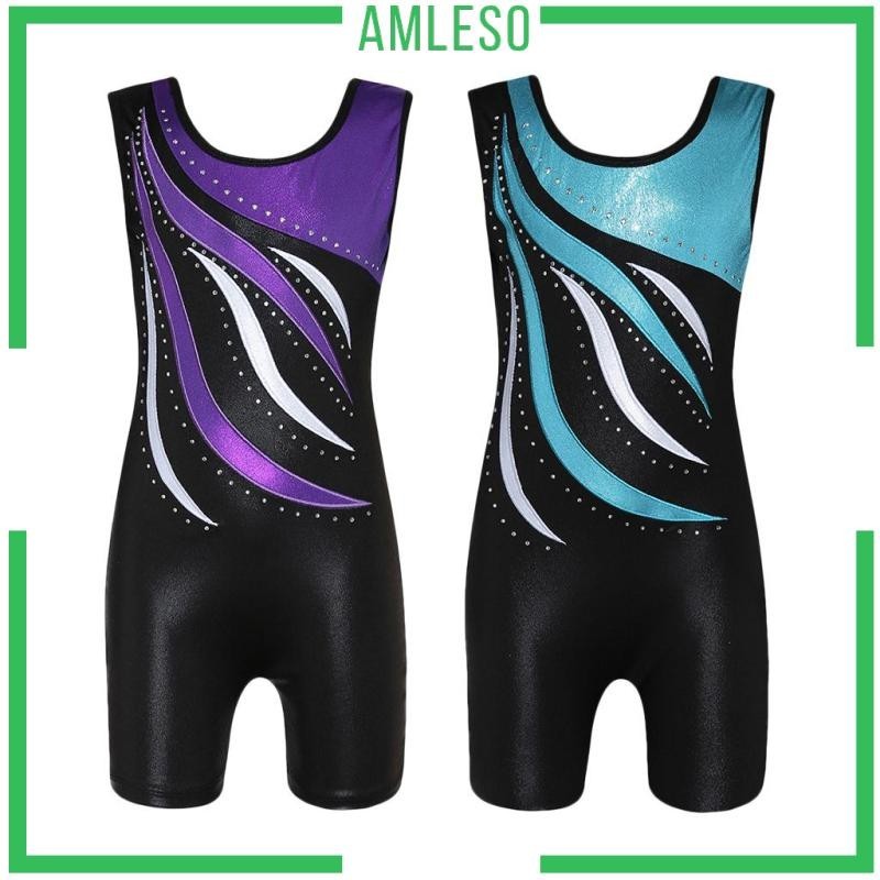[ Amleso ] Girls Dance Gymnastics Leotards Tank Boy Shorts Sport Unitard Stage Performance Dance Wea