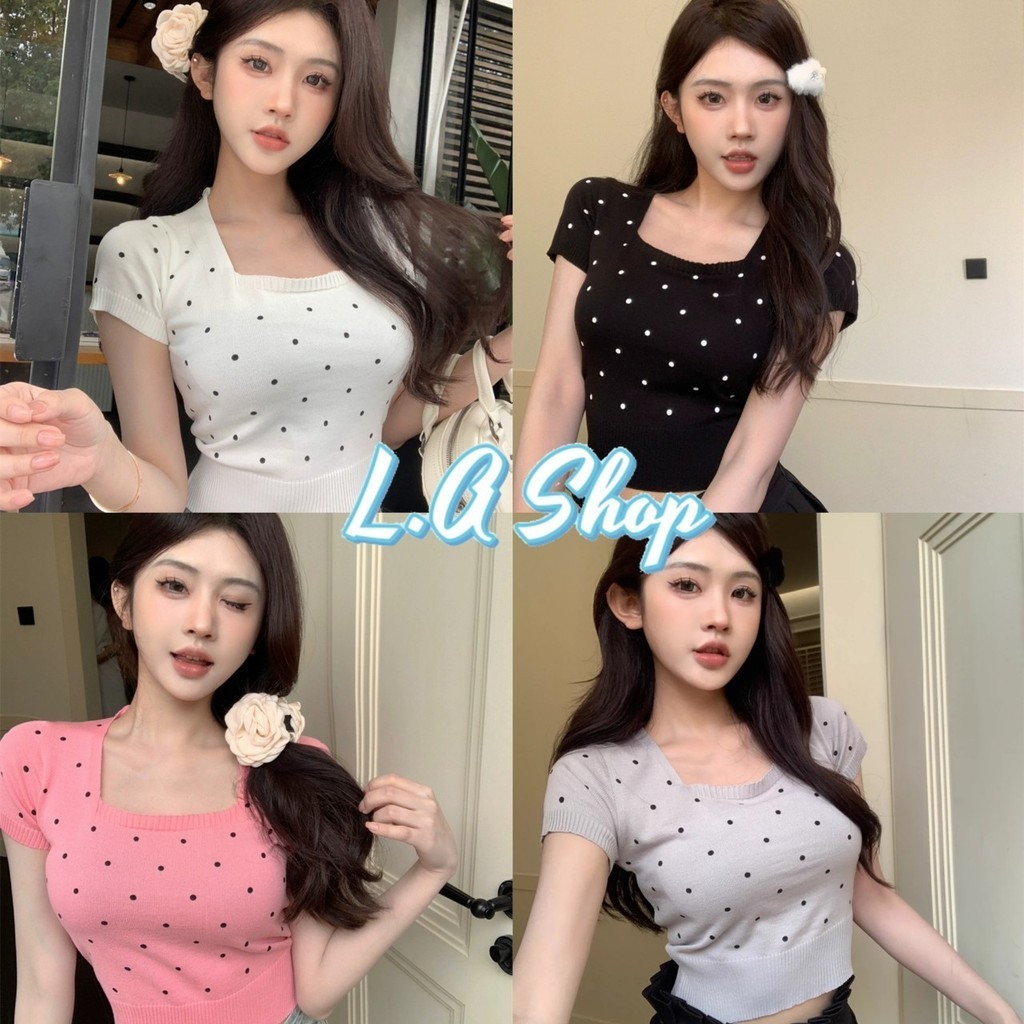 L.A Shop พร้อมส่ง  เสื้อยืดไหมพรมครอปแขนสั้น คอเหลี่ยม ดีเทลลายจุกน่ารักมาก "BKD4832"