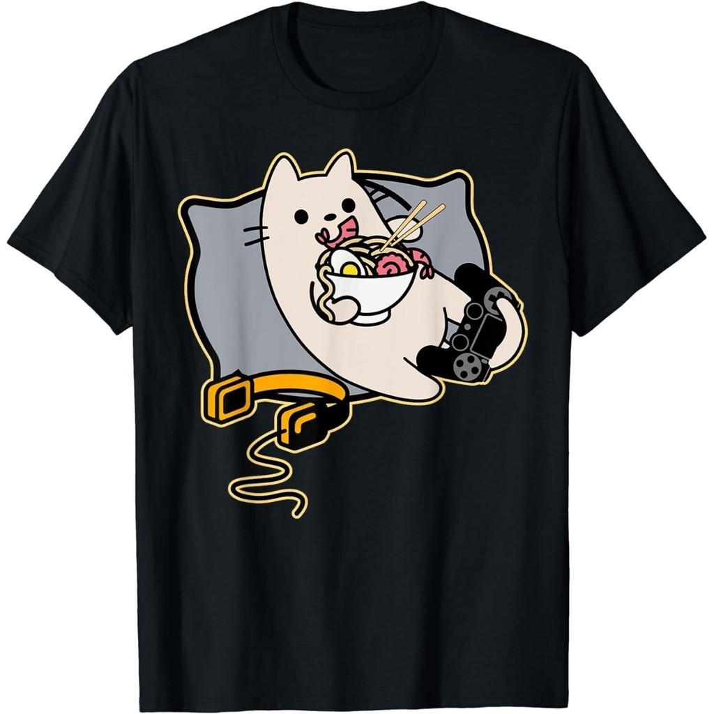 Nerdy Ramen Eating Gamer เกมแมว Paused เสื้อยืด