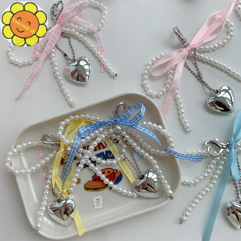 Yescont ที่ละเอียดอ่อน Pearl Bow Beaded Key Chain Handmade Bow รูปพวงกุญแจหัวใจพวงกุญแจเครื่องประดับ Pearl ตกแต่งสําหรับกระเป๋าโทรศัพท์ TH