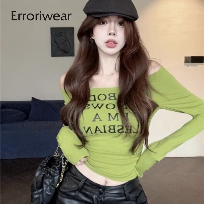 Erroriwear ผู ้ หญิงเสื ้ อยืด 2024 แฟชั ่ นคอกลมพิมพ ์ Causal Slim Fit แขนยาว Cropped Top