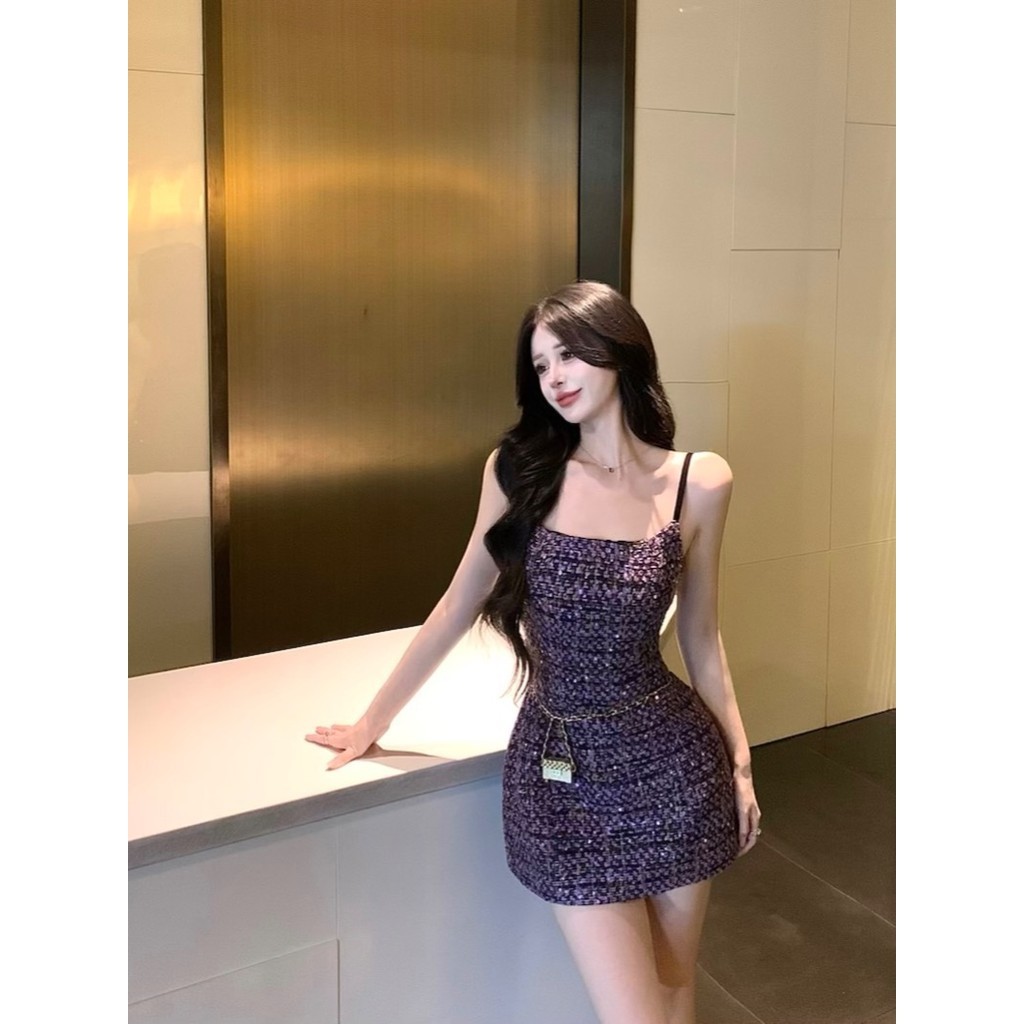 Liasynn คนดังอารมณ ์ ขนาดเล ็ ก Sequined Tweed ชุดแคบเอว Slimmer ดูผอมสลิงชุด High-End ชุดสลิงชุดชุดชุด