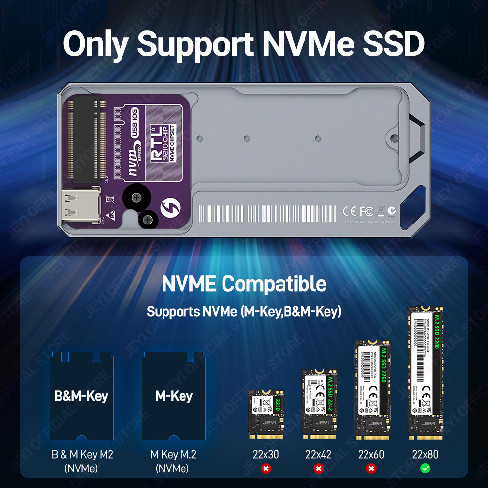 Jeyi M.2 SSD Enclosure RTL9210 NVMe กล่องมือถือ USB3.2 10G Type-c SSD กรณี AII AIuminum SheII สนับสนุน UASP Trim สําหรับ 2280 M-key PCle SSD