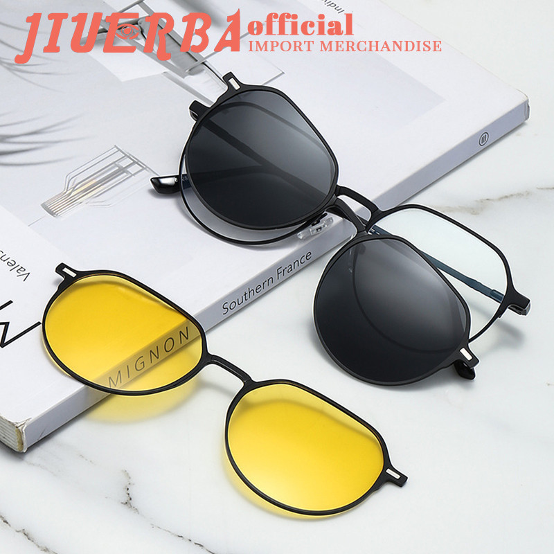 JIUERBA แว่นตาแม่เหล็กคลาสสิกแว่นตาแม่เหล็กทรงกลมที่มีสไตล์สําหรับผู้ชายและผู้หญิงแว่นกันแดดโพลาไรซ์โลหะพร้อมคลิปแม่เหล็ก