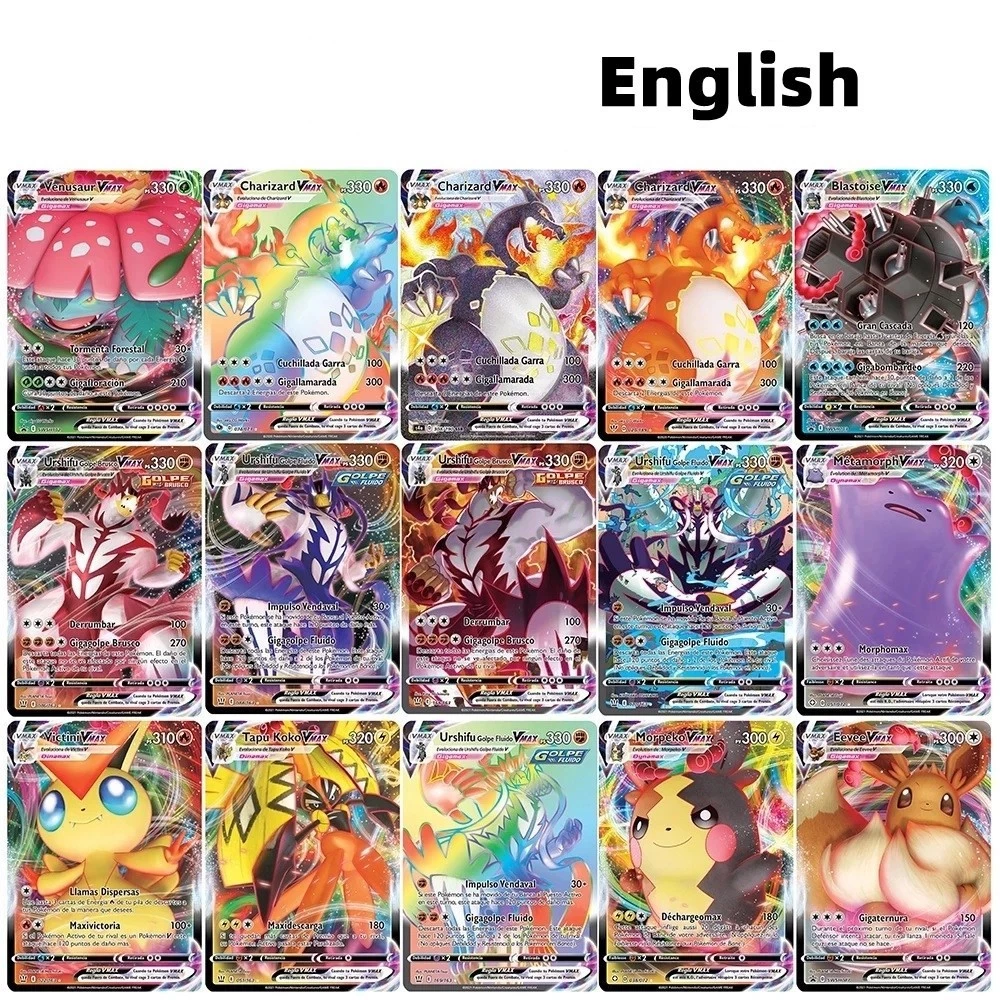 100 ชิ้น/กล่องการ์ดโปเกมอนของเล่น 100VMAX GX EX MEGA Battle เวอร์ชันภาษาอังกฤษ Charizard Pikachu การ์ดผู้ใหญ่เด็กของเล่น thumbnail 4