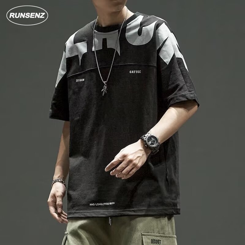 M-8xl Design Sense Oversize T เสื ้ อผู ้ ชายขนาดบวกหลวมสบายๆรอบคอแขนสั ้ นเสื ้ อยืด