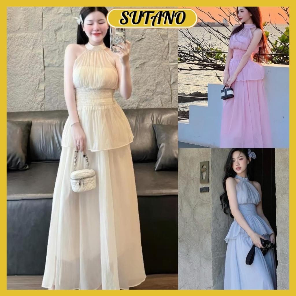 Beachwear Set with halter neck top และเอวยางยืดผสมผสานกับกระโปรงชายหาดแม็กซี่ชีฟองผ้าไหมไหลยาว สินค้าสวย B950 SUTANO