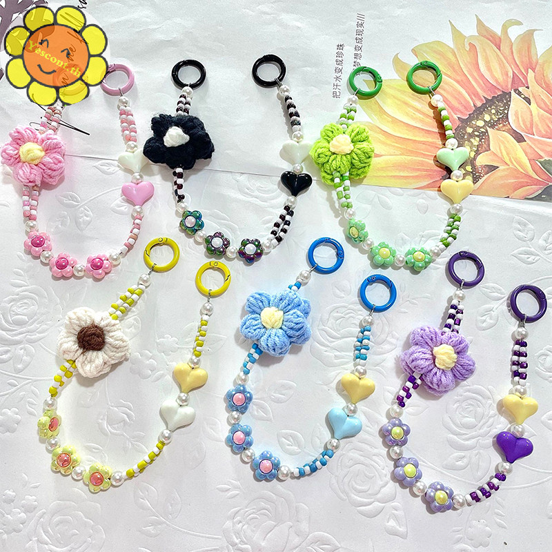 Yescont ตุ๊กตาดอกไม้รักลูกปัดโซ่โทรศัพท์มือถือ Anti-Lost โทรศัพท์ Lanyard พวงกุญแจกระเป๋าโซ่ถ้วยน้ําจี้หูฟังกล้อง TH