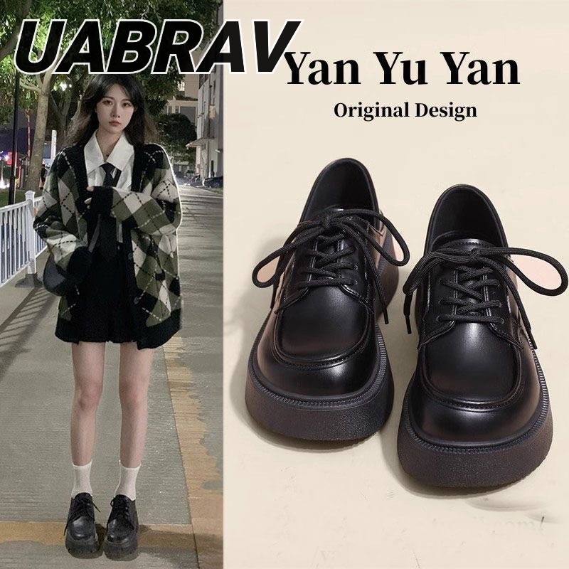 UABRAV.รองเท้าหนังขนาดเล็กหัวใหญ่ หัวกลมร้อยสไตล์อังกฤษสีดำหนาแต่เพียงผู้เดียวรองเท้าหนังขนาดเล็กผู้หญิงใหม่เท้าเหยียบรองเท้าส้นหนา(ขนาด:35-40)