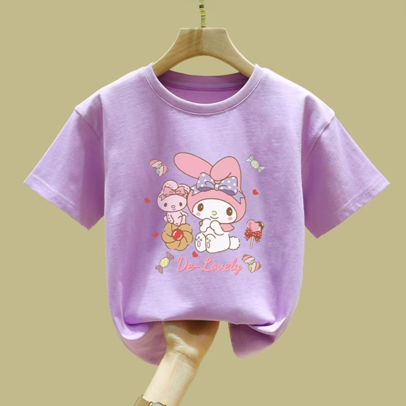 น่ารัก ทํานอง และกระต่ายน้อยพิมพ์สาวฤดูร้อนอเนกประสงค์แขนสั้นเสื้อยืดอินเทรนด์หลวมสบายๆ สูงสุด