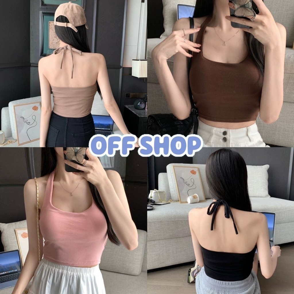 OFF SHOP พร้อมส่ง (OFF-FYA070) เสื้อคล้องคอครอปสั้น มีฟองน้ำ ทรงรัดตัว ยืดใส่ง่าย เกาหลีมาก
