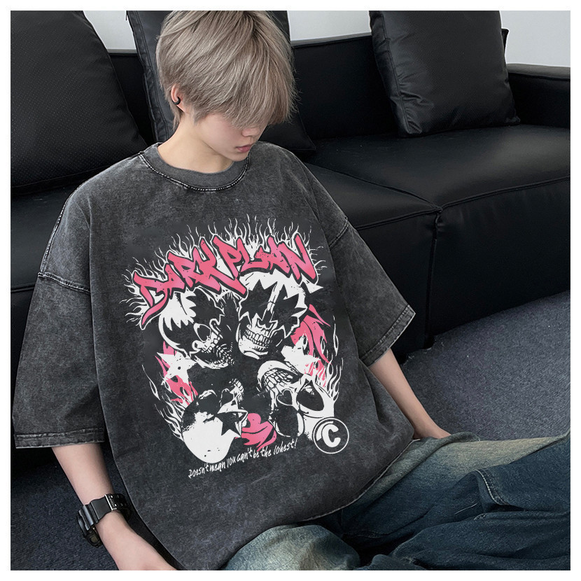 (จัดส่งตลอด 24 ชั่วโมง)Woo Right กะโหลกศีรษะโบราณพิมพ์ผู้ชายเสื้อยืด ฟอก  #T1347 HY