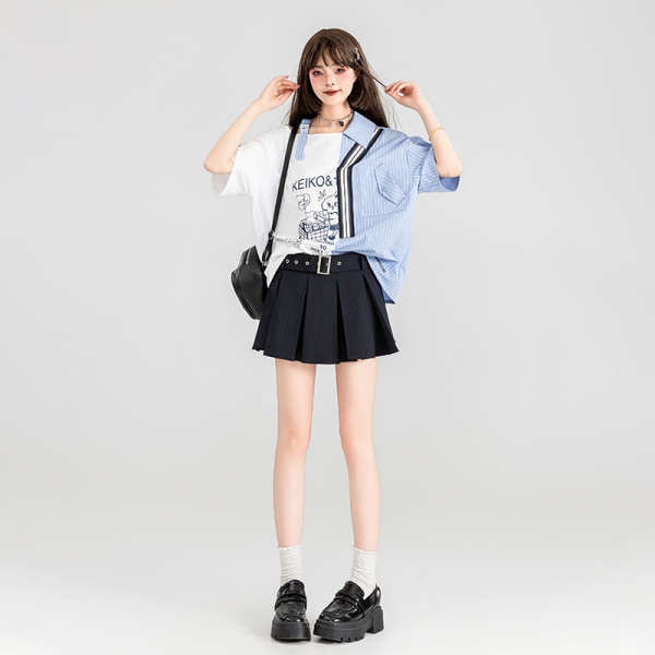 เสื้อยืด เสื้อยืด oversize KEIKO Sweet Girl Age Reduction เย็บเสื้อยืดแขนสั้นผู้หญิง 24 Summer First Love Feeling College Fake Two-Piece Top Shirt