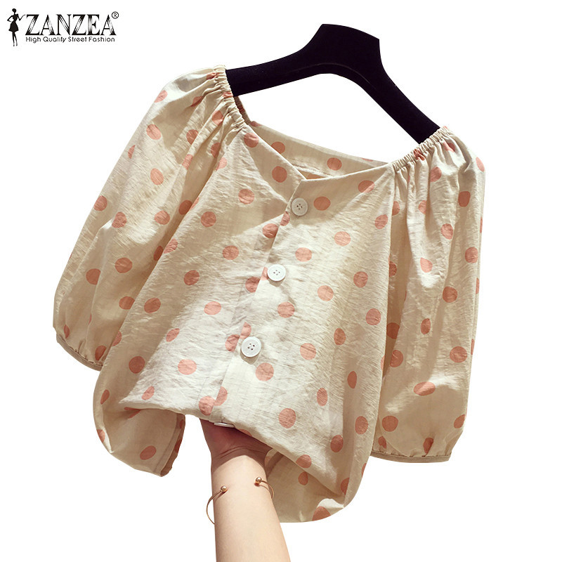 Zanzea ผู ้ หญิงเกาหลีทุกวันครึ ่ งแขนสีสัน Polka Dots พิมพ ์ เสื ้ อคอวี