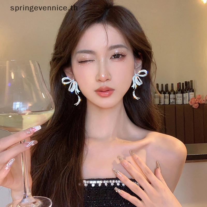 ฤดูใบไม้ผลิevennice. 1 คู่ Rhinestone Bowknot จี้ต่างหูผู้หญิงโอ้อวด Elegant ริบบิ้นโบว์ยาว sel ต่างหูเครื่องประดับใหม่