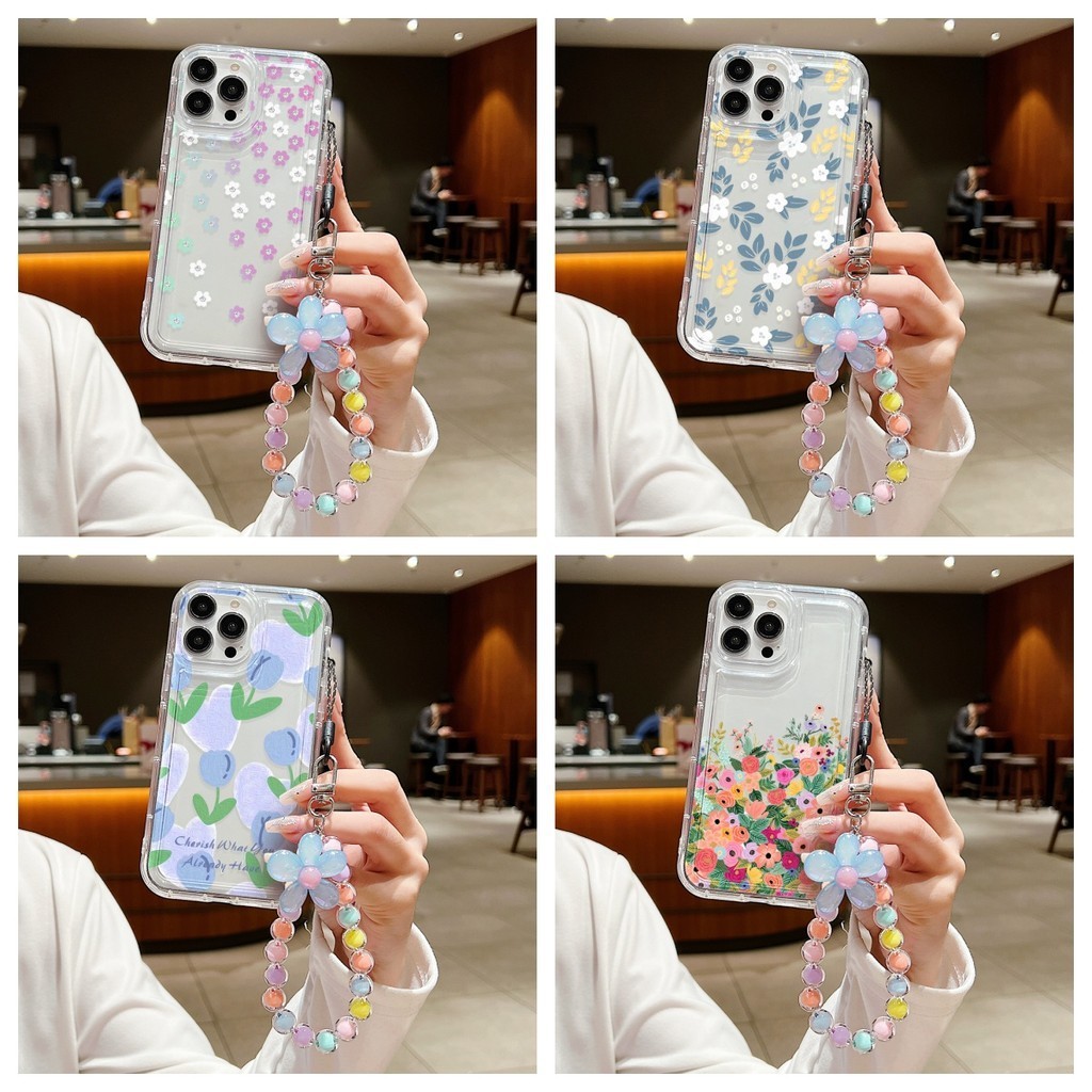 ลายดอกไม้ ซิลิโคนใส พร้อมสายโซ่คล้อง สําหรับ For iPhone 13 เคสไอโฟน 11 14 12 15 Pro Max X Xr Xs Max 6 7 8 Plus SE 2020