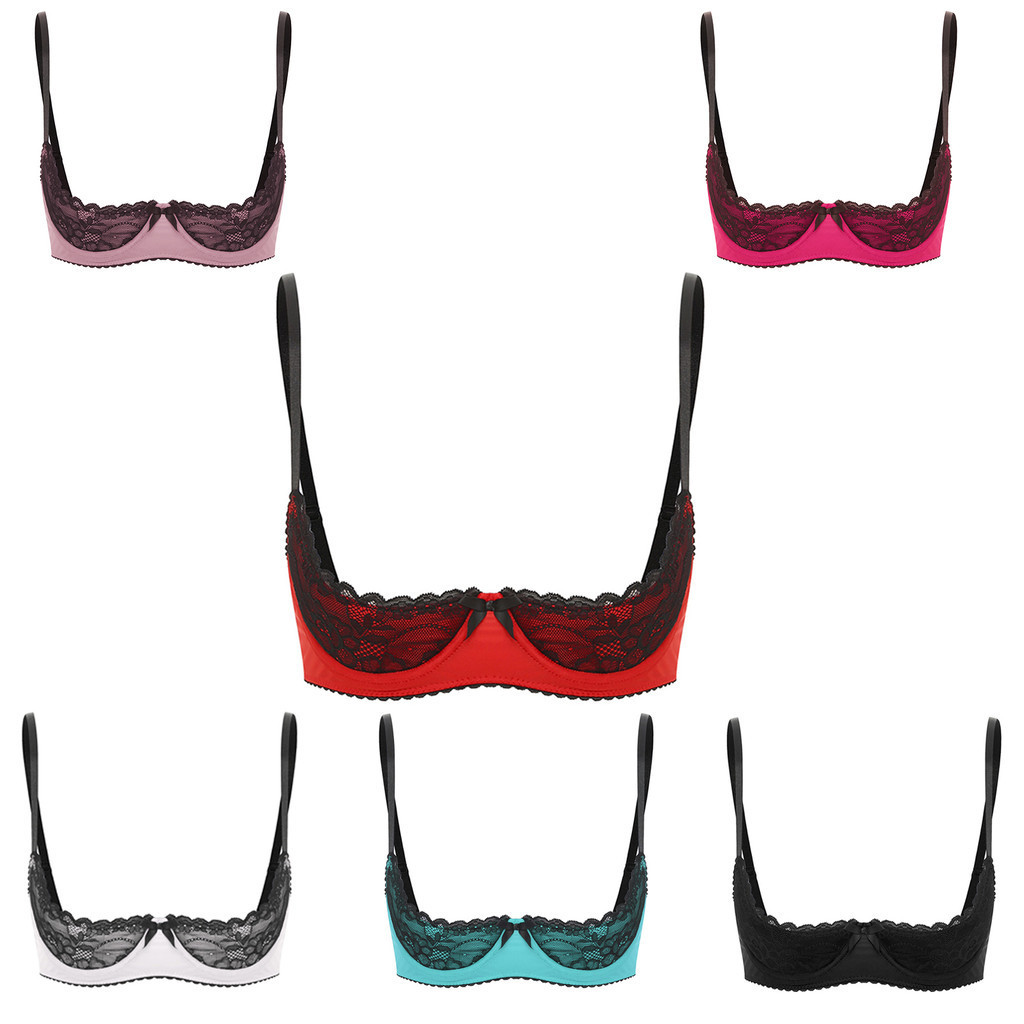 Chyoo สตรีเซ็กซี่ Contrast ชุดชั้นในปรับสปาเก็ตตี้สายรัด Underwire ครึ่งถ้วยลูกไม้ Push Up Balconette Bra