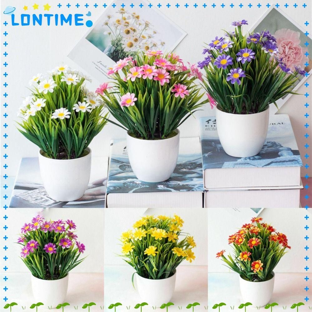 Lontime พืชเทียมประดิษฐ์ต้นไม้กลางแจ้งในกระถางตกแต่งในร่มดอกเบญจมาศขนาดเล็กพลาสติกต้นไม้ปลอม
