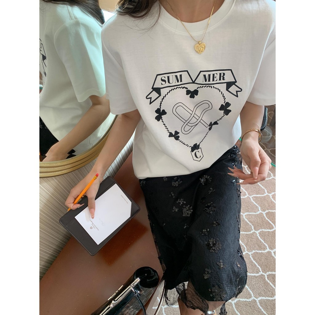 Papaya เสื้อยืด โอเวอร์ไซส์ 'Summer Heart' เสื้อยืดแฟชั่นเกาหลี เสื้อยืดผู้หญิง ผ้าคอตตอน 100% เสื้อ