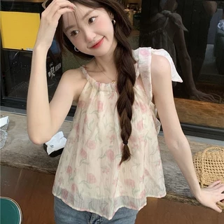 Micki-เสื้อกล้ามผู้หญิง ผ้าชีฟอง สายคล้องคอ เก๋ไก๋สไตล์นักเรียน เสื้อผ้าแฟชั่นสตรี