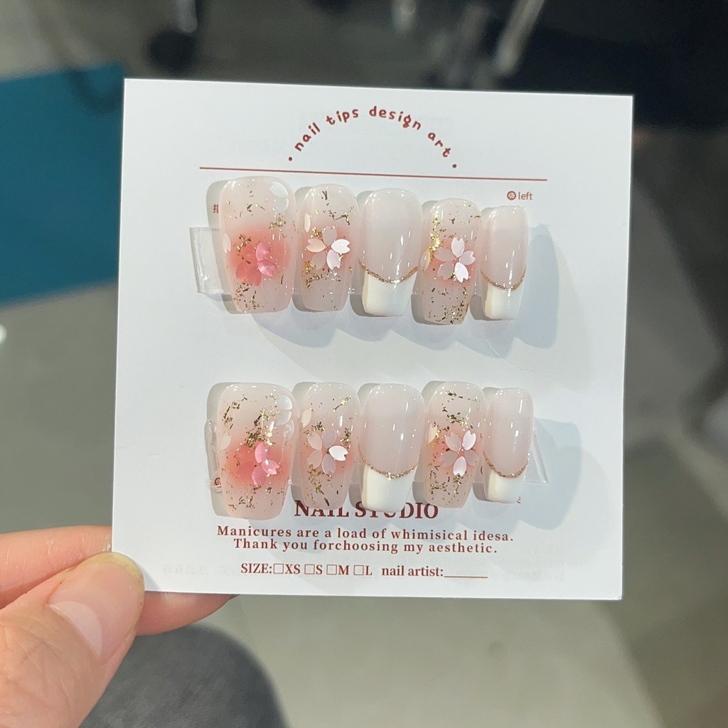 HANDMADEArtificial Nail Blush French Cherry Blossom Phototherapy Nails เล็บปลอมเล็บนํากลับมาใช้ใหม่แ