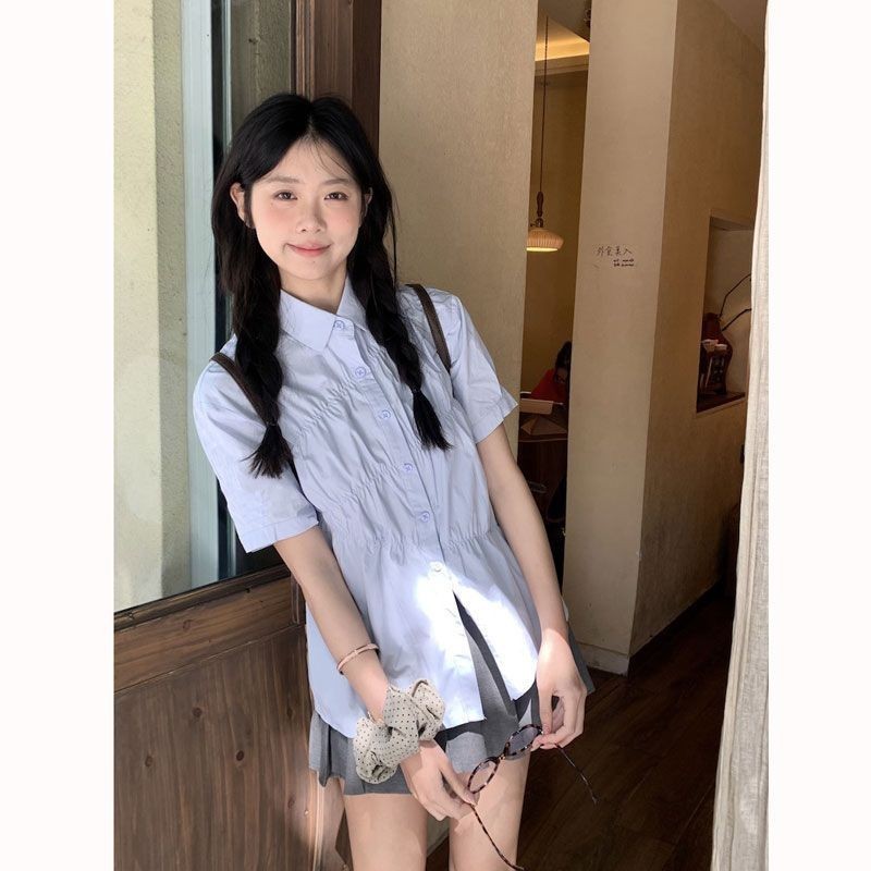 Micki-เสื้อเชิ้ตแขนสั้น สีน้ำเงิน สไตล์สลิม เสื้อผ้าแฟชั่นสตรี เวอร์ชั่นเกาหลี