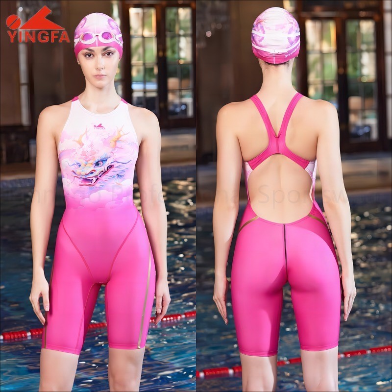 Yingfa ชุดว่ายน้ำสตรีมืออาชีพสำหรับเด็กสาววัยรุ่น Fastskin Kneesuit ผ้าทนคลอรีนความยืดหยุ่นสูงสีชมพูชุดว่ายน้ำกีฬาวันพีชสำหรับการแข่งขัน (ไม่มีเบาะหน้าอก)