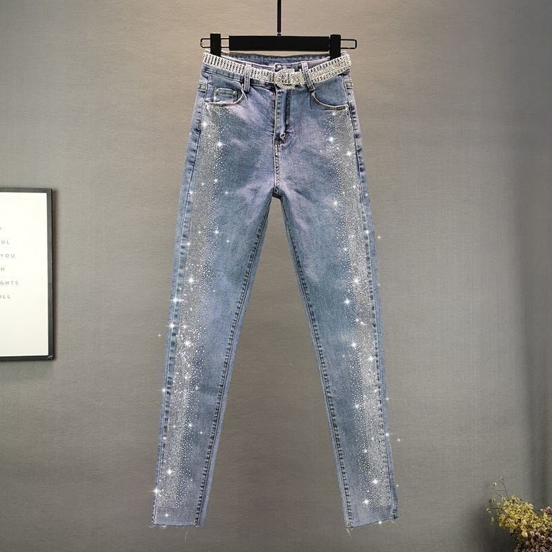 Cropped กางเกงยีนส ์ ผู ้ หญิง Heavy-Duty Casual เอวสูง Slimming Rhinestone Slim Fit ยืดกางเกงขาตรง