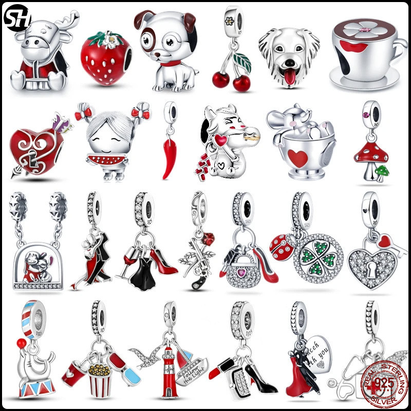 ขายร้อนสีแดงสี DIY ลูกปัด 100% S925 เงินสเตอร์ลิงพริกรองเท้าส้นสูงสตรอเบอร์รี่ charms จี้ Fit Pandora charms ลูกปัดสร้อยข้อมือเดิม