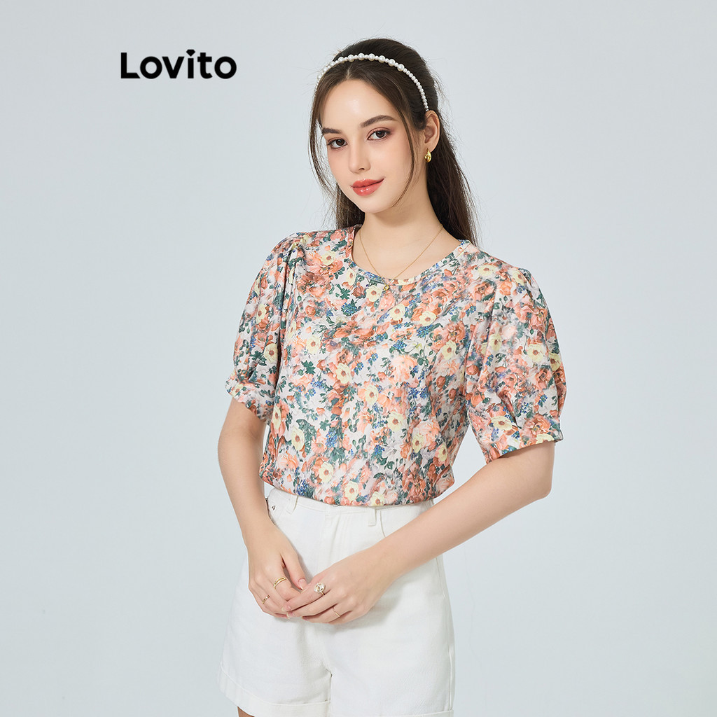 Lovito เสื้อเบลาส์ผู้หญิง ลายดอกไม้ สไตล์โบโฮ L89ED291