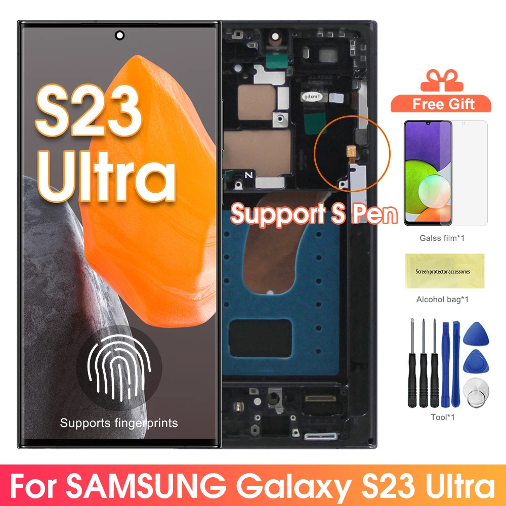 Amoled S23 Ultra Screen Assembly สําหรับ Samsung Galaxy S23 Ultra S918B S918B/DS จอแสดงผล Lcd หน้าจอสัมผัสดิจิตอลพร้อมกรอบ