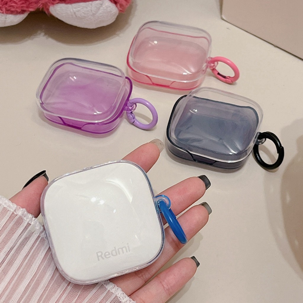 Redmi Buds 6 Active เคสหูฟังสีไล่ระดับสีเรียบง่ายพร้อมหัวเข็มขัดแหวนป้องกันการสูญหาย Soft TPU โปร่งใสหูฟังไร้สายชุดหูฟังเกราะป้องกัน