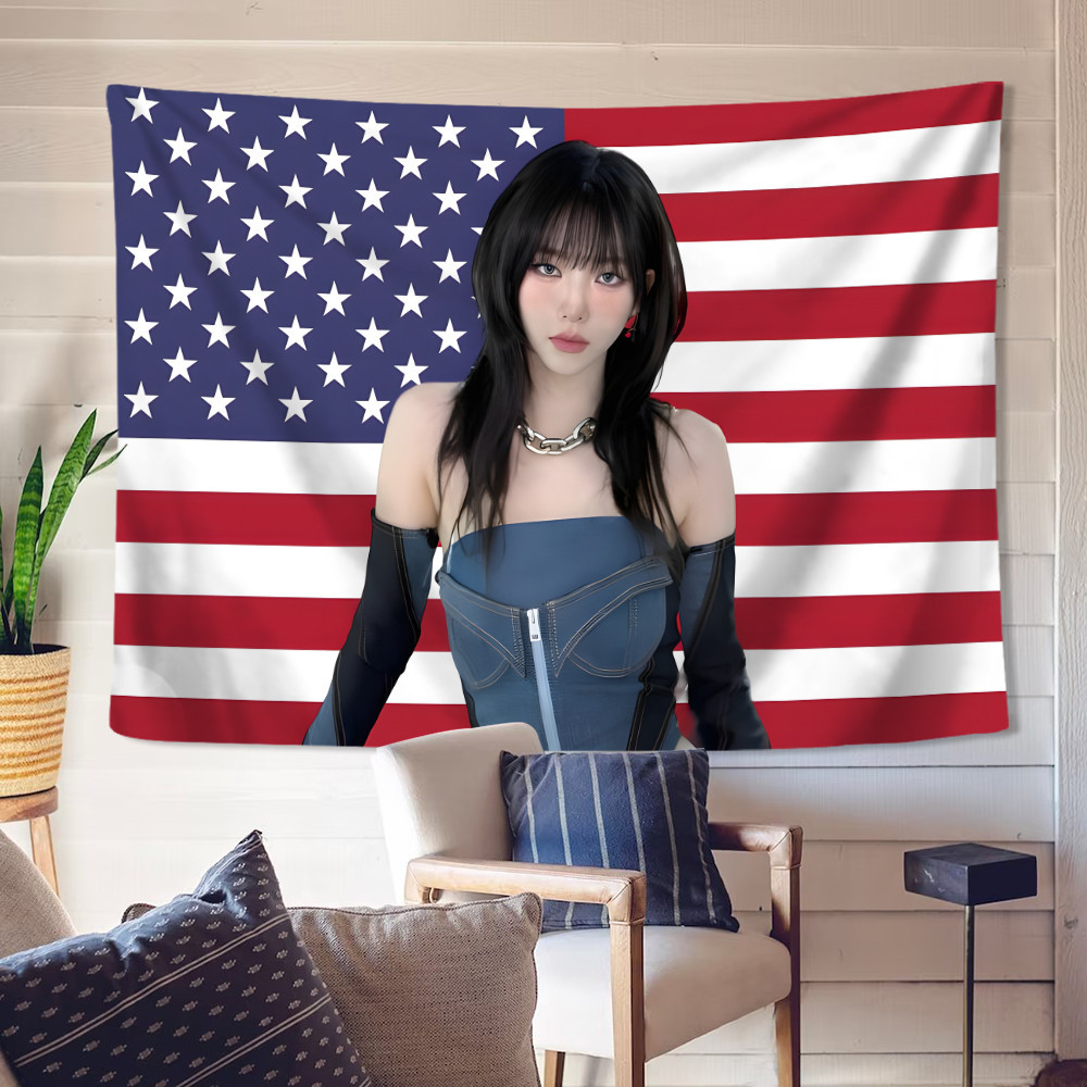 Aespa Karina American Flag Wall Tapestry พร้อมคลิปโพลีเอสเตอร์ Tapestries ห้องนอนแขวนผนัง Tapestry ตกแต่งบ้าน
