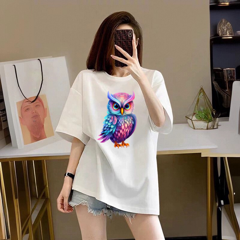 Fairy เสื้อยืดแขนสั้น แฟชั่น งานพิมพ์ ลายนกฮูก ผ้านิ่มใส่สบาย สไตล์เกาหลี #9668