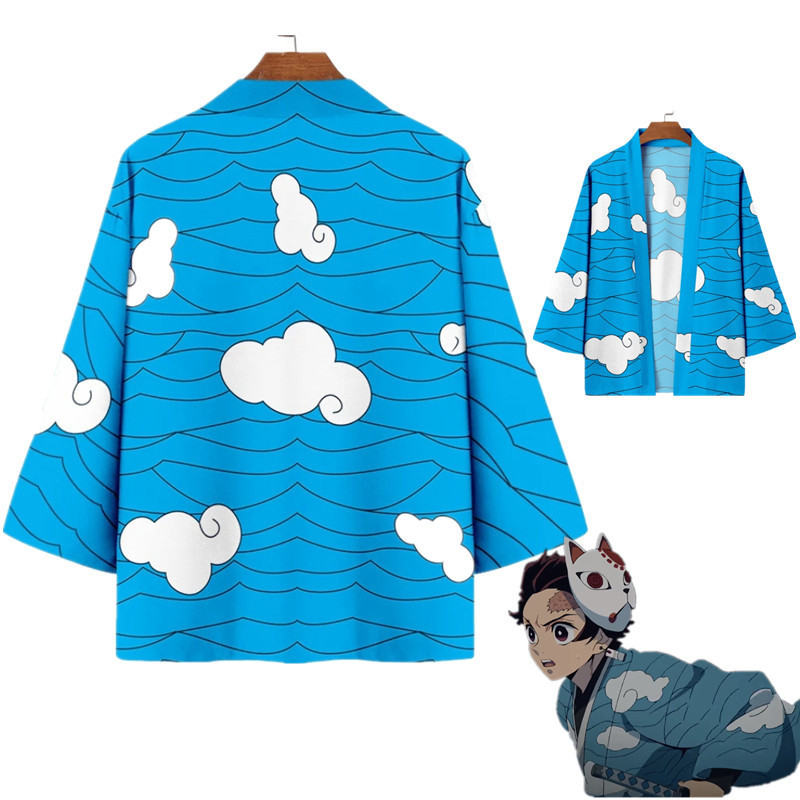 Demon Slayer: Kimetsu ไม่มี Yaiba Kamado Tanjirou สไตล์ญี่ปุ่น Clouds พิมพ์ Blue Beach Yukata ผู้หญิงผู้ชายชุดกิโมโนคาร์ดิแกนคอสเพลย์เสื้อคลุมฮาโอริ
