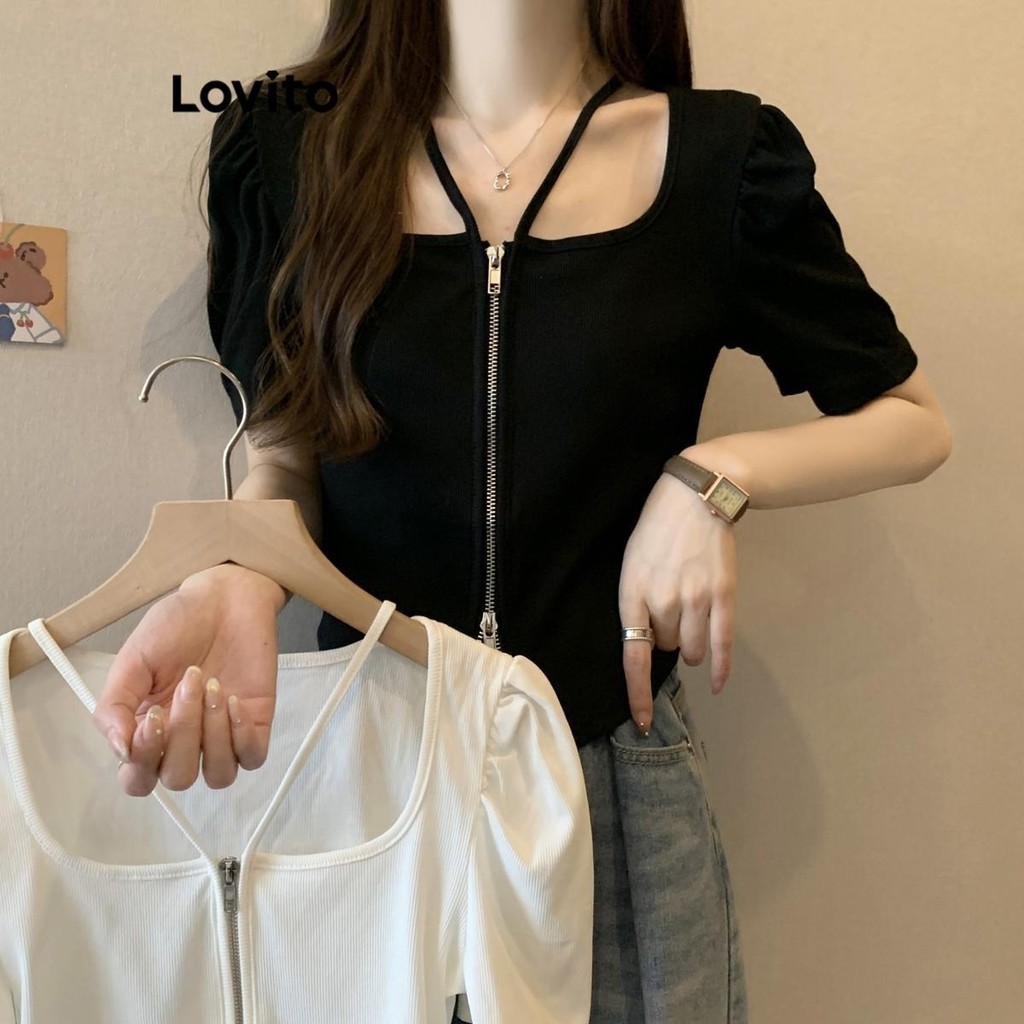 Lovito เสื้อผู้หญิง มีซิปด้านหน้า แต่งคัตเอาท์ มีซิปรูด สีพื้น สไตล์ลำลอง LNA48115