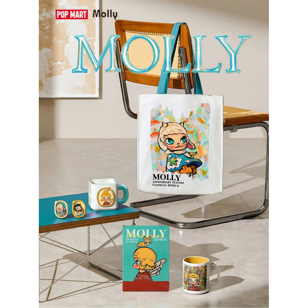 POPMART MOLLY Anniversary Sculpture Classic Return 2 Series Canvas Bag Storage Bag สินค้าต่อพ่วงน่ารักๆ ที่ระลึก กระเป๋าผ้า แก้ว แก้วเซรามิก สมุดจด แม่เหล็กติดตู้เย็น