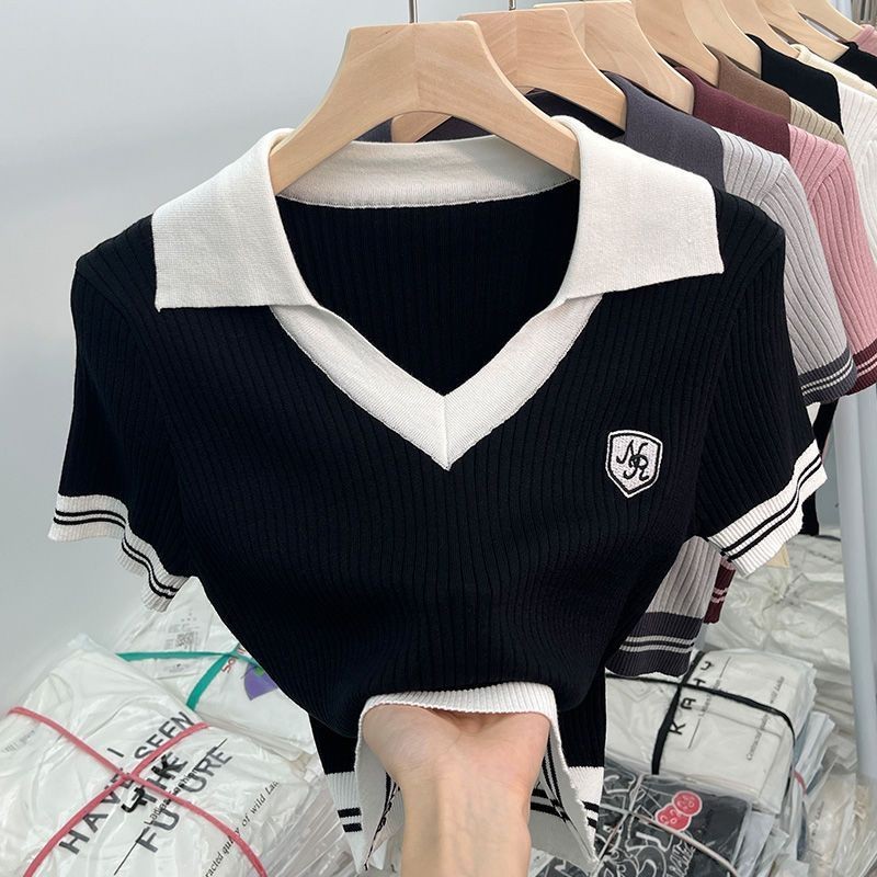 สั้นคอวีถักเสื้อโปโลด้านบนแขนสั้นเสื้อยืดผู้หญิงฤดูร้อน - รูปที่ 3