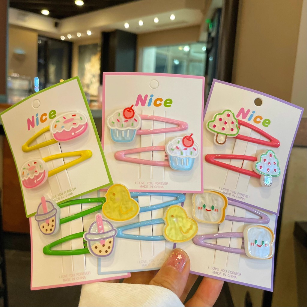 🍞🐤 เซ็ต 2 ชิ้น ยางรัดผมและกิ๊บผมลายขนมปังและลูกเป็ดน้อยน่ารัก สไตล์การ์ตูนสนุกๆ เครื่องประดับผมสำหรับเด็ก