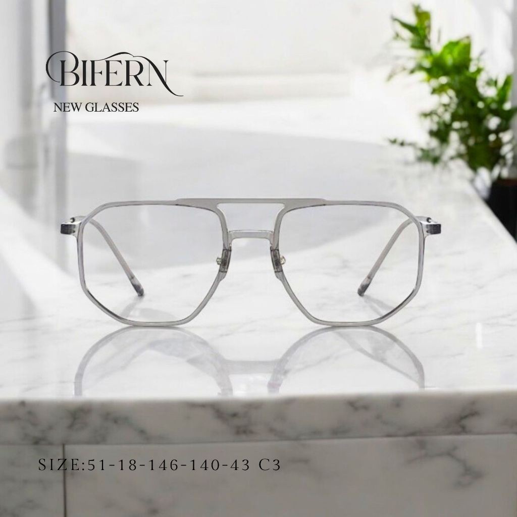 แว่นตาสายตาสั้น เลนส์บลูบล็อคออโต้ รุ่น BIFERN ใบเฟิร์น 9065 ในร่มเลนส์ใสออกแดดเปลี่ยนสีเทาดำ จบปัญหาสายตาสั้น