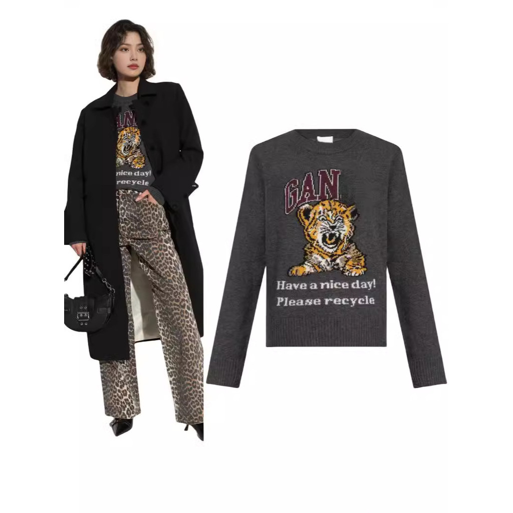 8WXP GANNI Real Wool~24Autumn Winter New Letter Tiger Sweater Pullover Round Neck Wool Knit Top