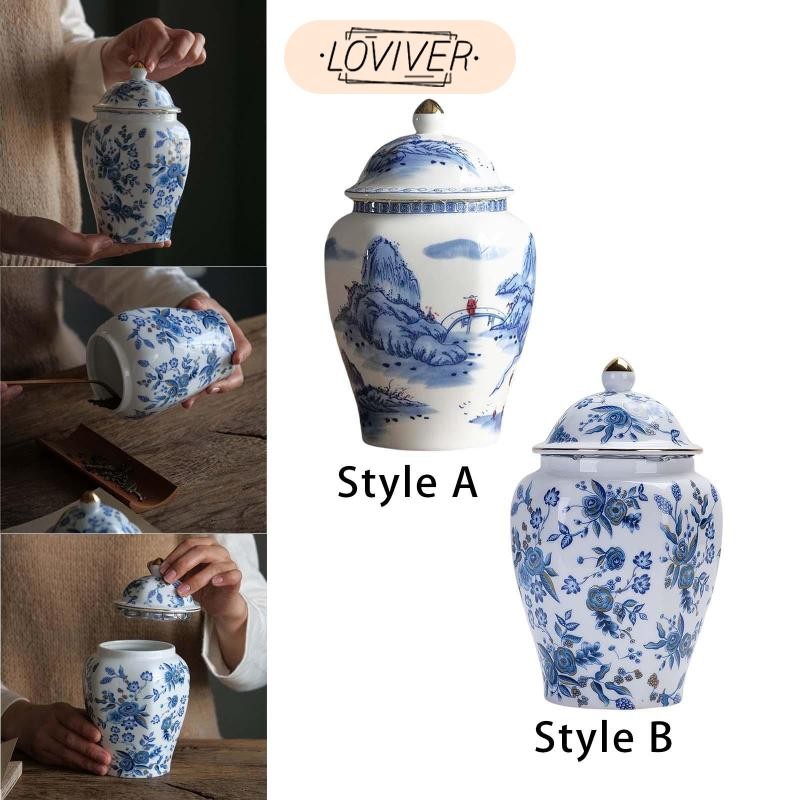 LOVIVER 850มิลลิลิตรขวดขิงเซรามิกที่มีฝาปิดสีฟ้าสีขาวพอร์ซเลนงานฝีมือภาชนะสําหรับ