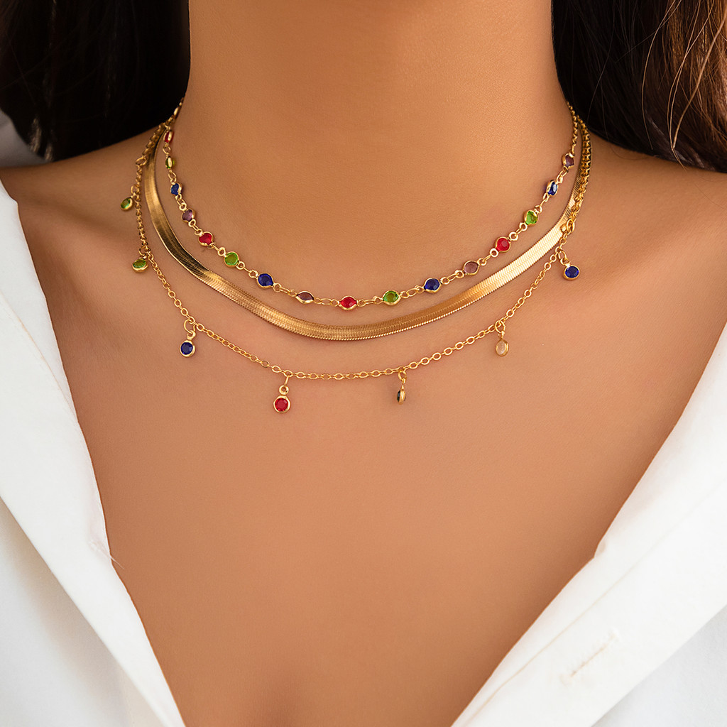Y • LIFE Boho สร้อยคอคริสตัลหลากสีสร้อยคอโชคเกอร์สําหรับผู้หญิงวินเทจโซ่งูแบนกระดูกไหปลาร้าสร้อยคอสั