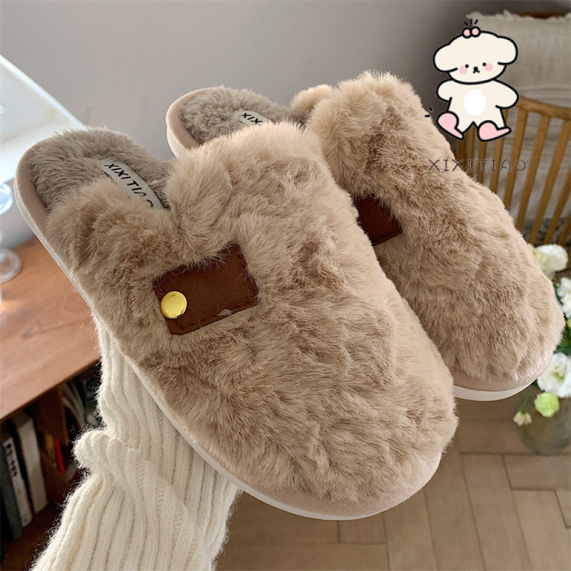 Xixtiao รองเท้าแตะผ้าฝ้ายลําลองในร่ม Baotou สุภาพสตรีฤดูหนาวใช้ในบ้าน Soft Sole