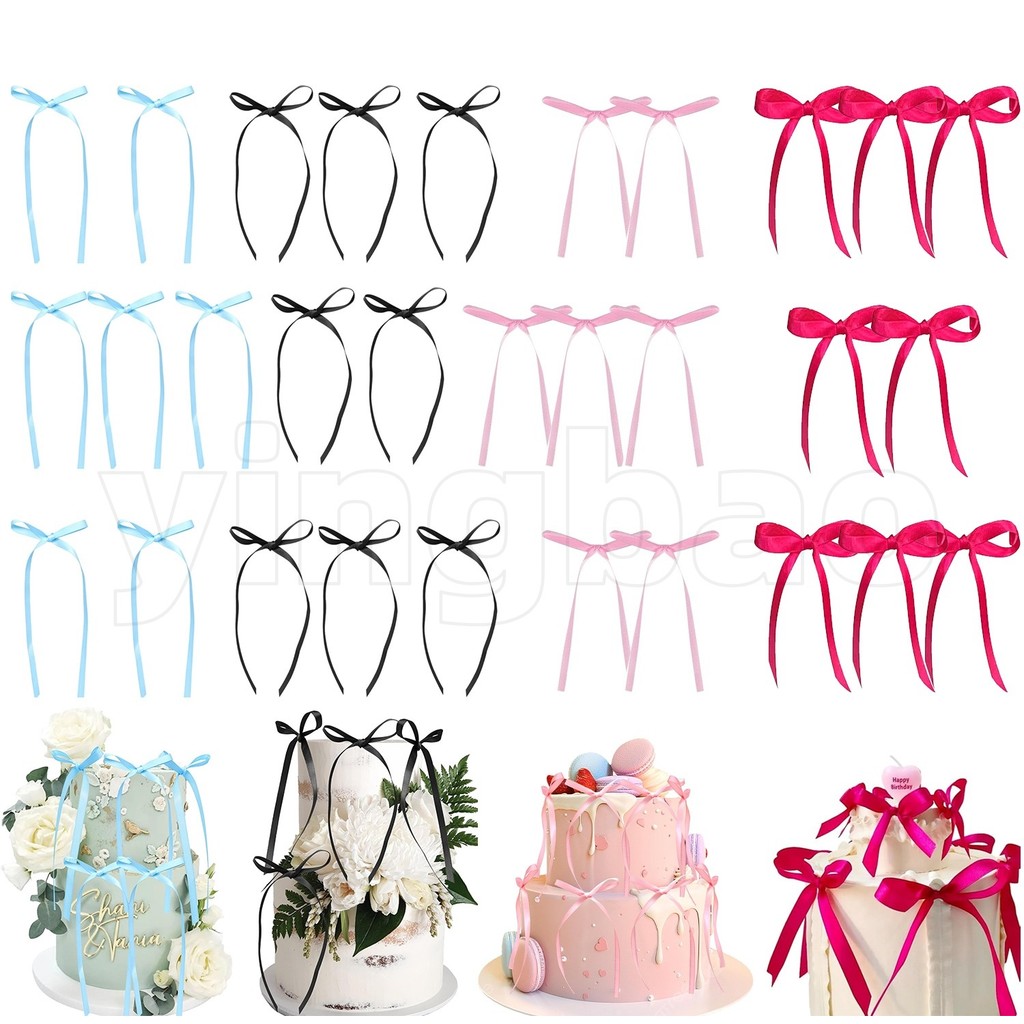 10 ชิ้นบัลเล่ต์ริบบิ้นโบว์เค้ก Topper สีชมพูสีดําโบว์เค้กตกแต่งรักคู่เค้ก Topper งานแต่งงานวันวาเลนไทน์ขนมตกแต่งสาวโปรดปราน