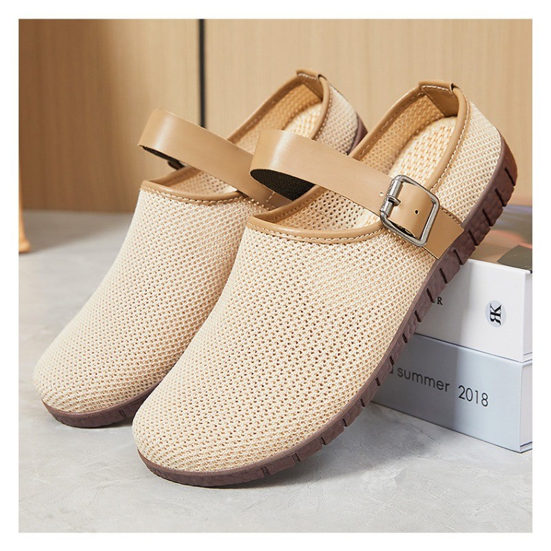 IELGY 2025 ผู้หญิงแอปริคอทสไตล์ฤดูใบไม้ผลิอเนกประสงค์ Retro Soft-soled รองเท้าแตะ Ins รองเท้าแตะลําลองตาข่าย