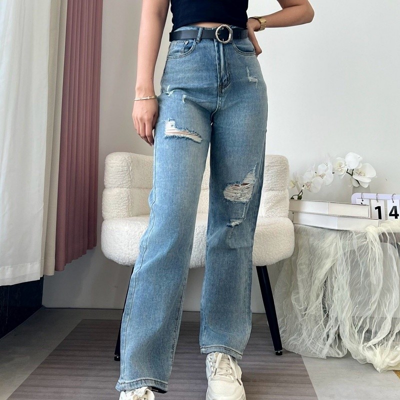 Chic พร้อมส่ง กางเกงยีนส์ขายาว เอวสูง ทรงกระบอก แต่งขาดเข่าสองข้าง เท่ๆ แนววินเทจ แถมเข็มขัด ใช้งานได้จริง