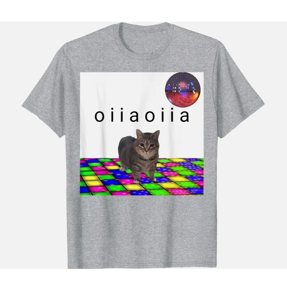 เสื้อยืด  OIIA OIIA Spinning Cat Meme Funny disco Cat Lovers Art T-Shirt เสื้อยืดแฟชั่นใหม่ หลายสี ผ