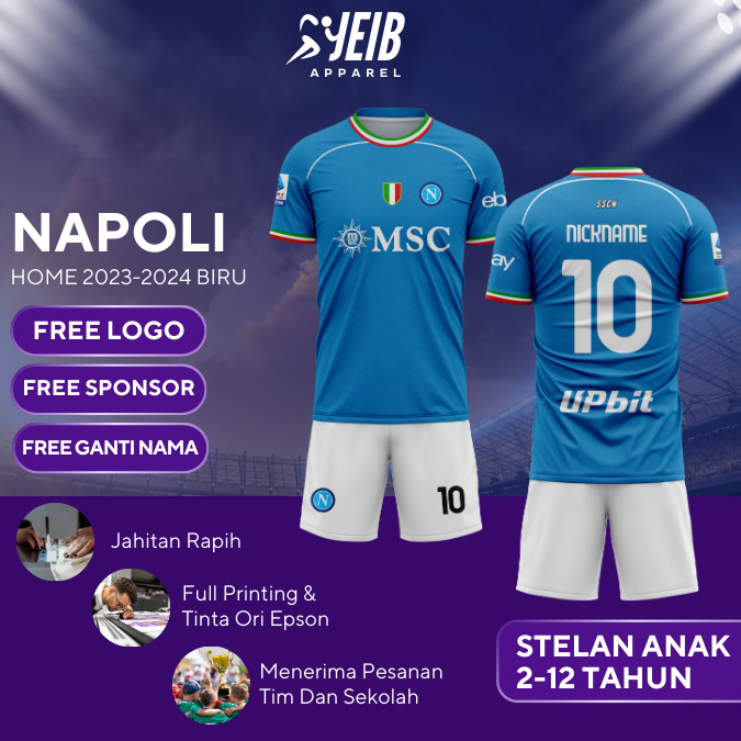 NAPOLI HOME KIDS FOOTBALL JERSEY 2023-2024 SERIE A FULL PRINTING JERSEY ฟรี NAPUNG, โลโก้, & SPONSOR